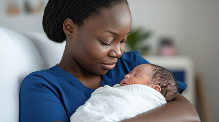 Black nurse doctor woman carrying a newborn baby at pediatric home care healthcare