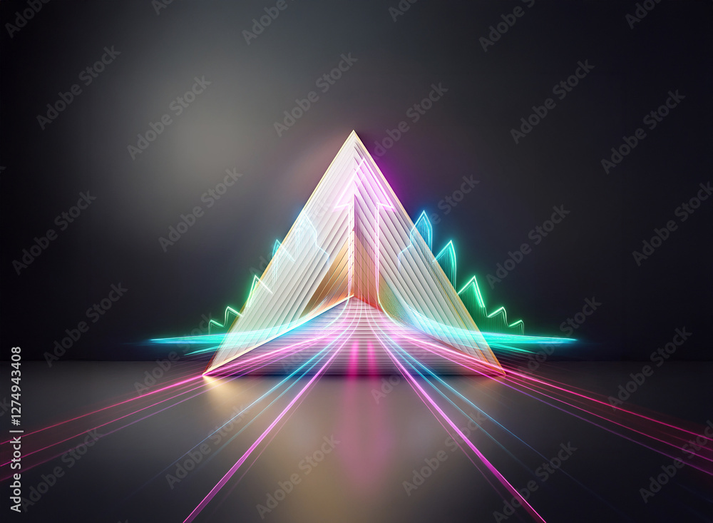Poster abstract triangle with neon lights creates a double exposure effect. glowing and vibrant design on a