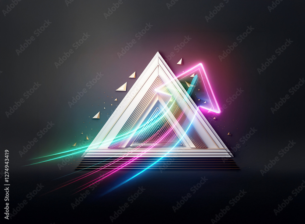 Poster geometric double exposure design featuring vibrant neon triangles with glowing lines against a dark 
