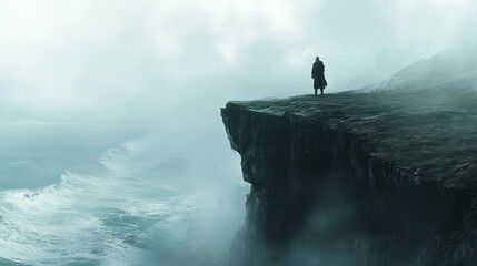 Figure stands on a cliff overlooking the stormy ocean