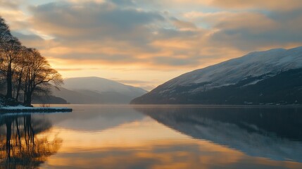 Fototapeta premium Serene Sunset Over Snowy Mountains and Calm Lake