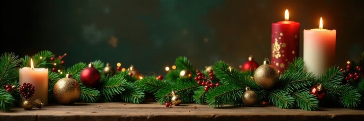 Greenery on a wooden table decorated with ornaments and candles, wooden table, greenery, candles