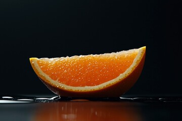 Orange slice on wet surface, studio shot, perfect fruit. Use it for food marketing