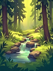 Forest Stream Sunlight Path Illustration