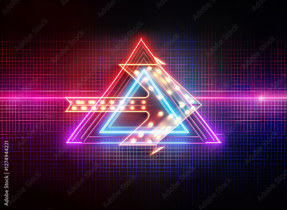 Poster abstract double exposure image featuring overlapping neon triangles in vibrant colors against a dark