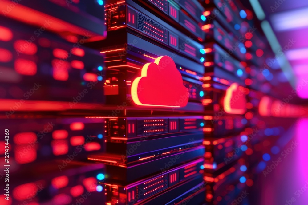 Aufkleber server room with red cloud sign for cloud computing, data storage, and network