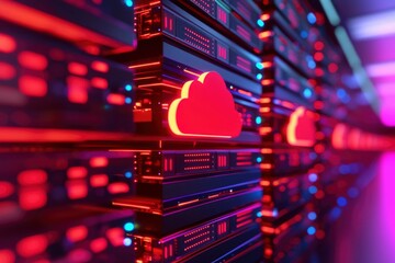 Obraz premium Server room with red cloud sign for cloud computing, data storage, and network