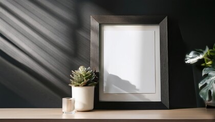 Dramatic Dark Mood CloseUp of Blank Picture Frame Mockup Staged against a Somber Apartment Backdrop, Evoking an Emotional Void and Sparking Curiosity.