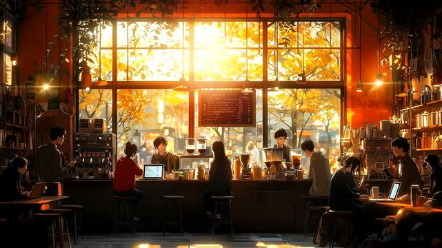 Cozy caf&eacute; with warm sunlight streaming through windows as people work on laptops in a relaxed atmosphere. Seamless looping 4K time-lapse animation video background