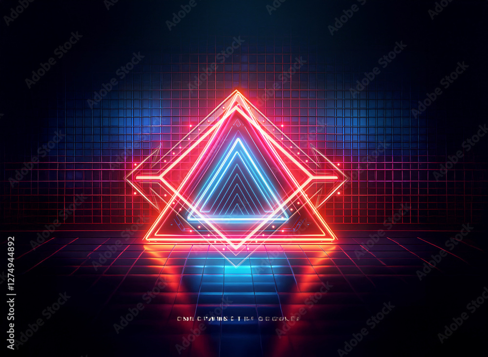 Poster geometric figure with neon red and blue lines, creating a double exposure effect. a vibrant triangul