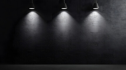 A minimalist black textured wall illuminated by a single dramatic spotlight, creating a moody atmosphere perfect for creative backgrounds