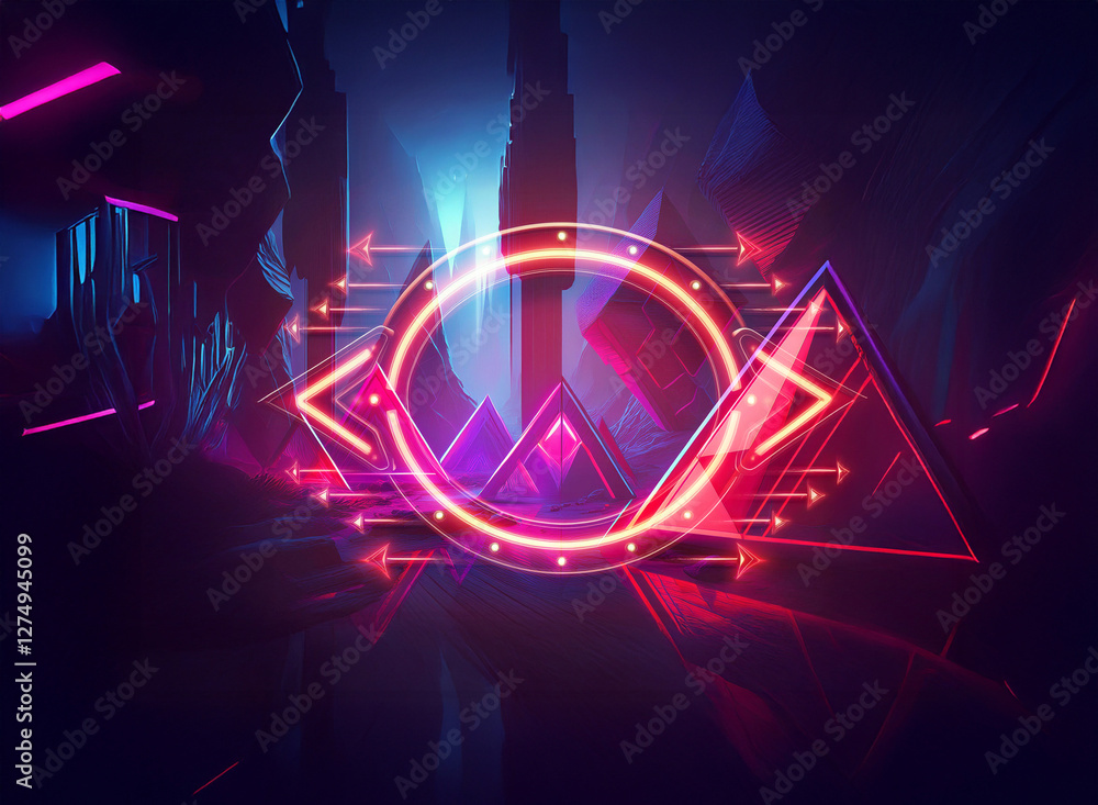 Poster vibrant neon geometric shapes create a double exposure effect in a dark and abstract futuristic scen