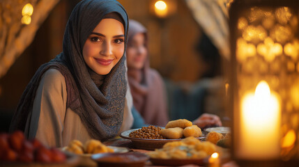 Iftar celebration, a warm and welcoming scene of a Muslim woman with her family, gathered around a beautifully set dining table.