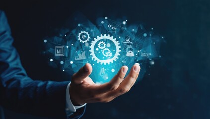 The power of innovation, held in the open hand, showcases gears and icons with a surreal glow. Represents technological advances and concepts, with a focus on the future.