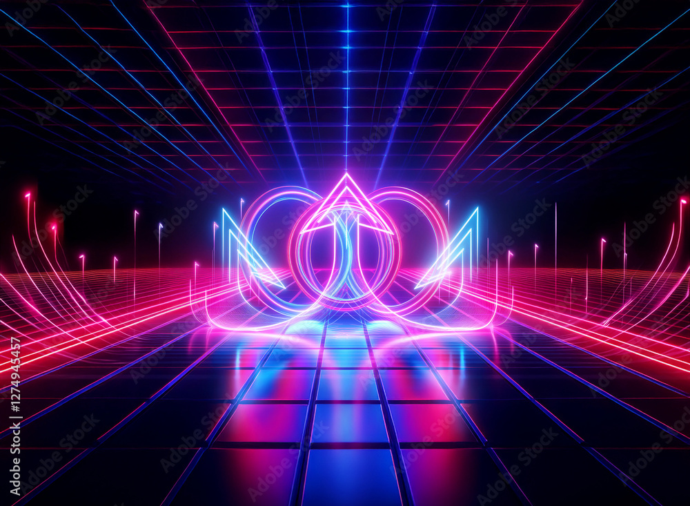 Poster vibrant double exposure of neon lines and arrow on a dark grid backdrop. a futuristic and dynamic ab