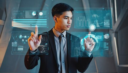 Future Interface: A focused business professional interacts with holographic display interfaces, gesturing towards data visualizations in a futuristic, high-tech setting.