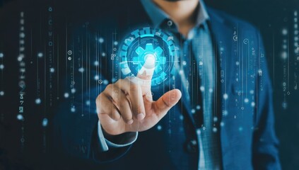 Innovation at Your Fingertips: A visionary in a sophisticated suit interfaces with a futuristic holographic display. The scene represents technological advancements.