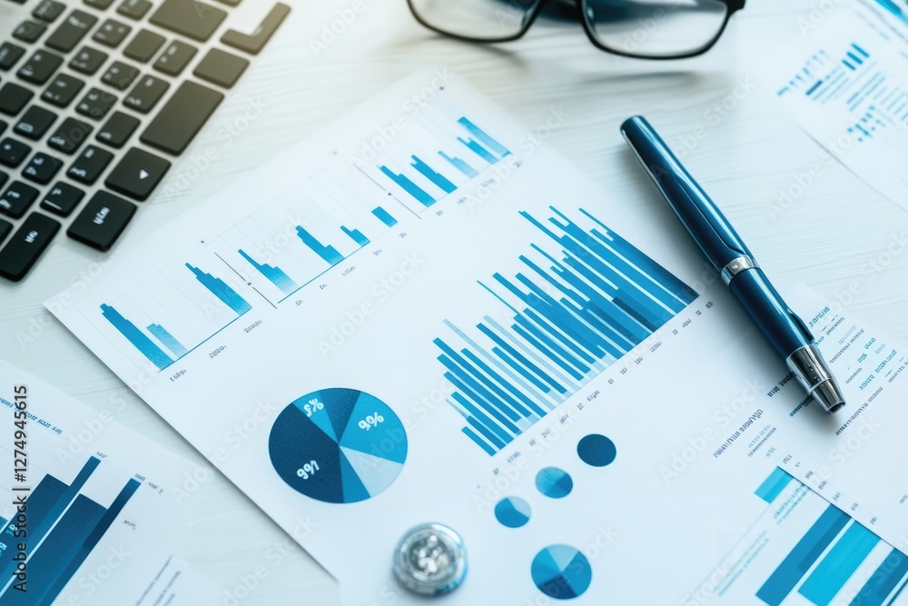 Poster unveiling the insights: a top-down perspective of data charts and analytical documents alongside a p
