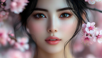 Woman portrait with cherry blossoms, serene, soft light, beautiful. Use for aesthetic wallpaper or social media post