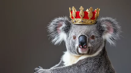  koala wearing a gold and red crown on grey background © Gabriela