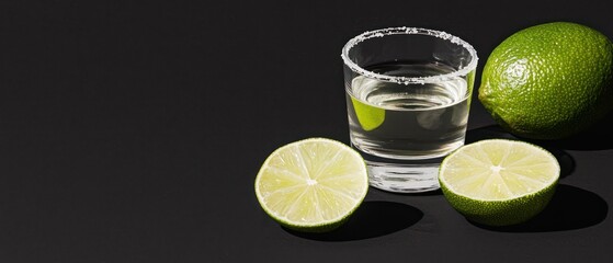 A glass of clear liquid with salt rim, accompanied by fresh lime halves and a whole lime.