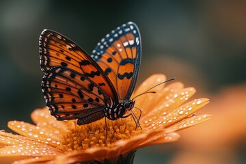 Obraz premium Vibrant orange butterfly perched on a dew-kissed flower, showcasing nature's beauty in a serene garden
