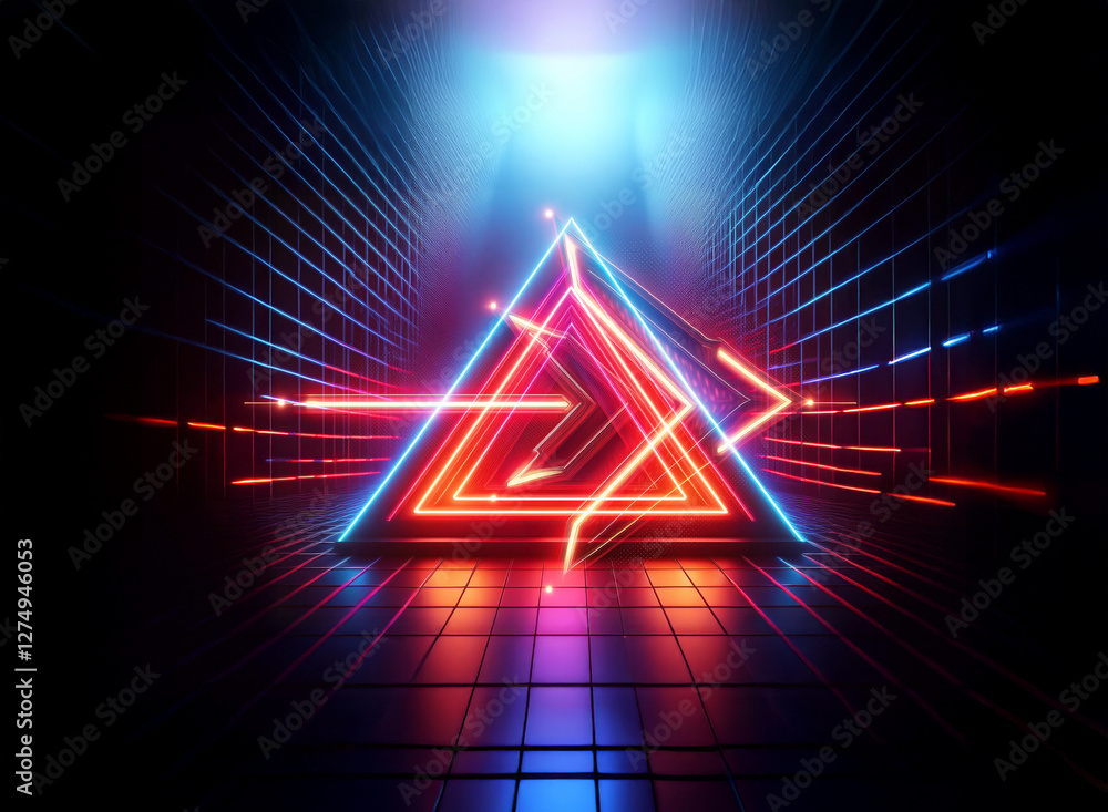 Poster vibrant neon triangle glows in a dark tunnel with grid lines, creating a double exposure effect. abs