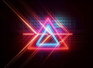 Vibrant neon triangle with double exposure effect, featuring glowing lines and streaks against a dark backdrop.