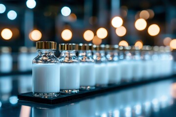 Milk bottles on production line, factory