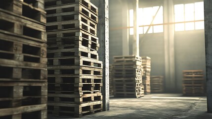 Wooden Pallets Stacked Inside Warehouse with Sunlight Streaming Through Windows