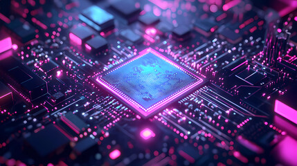 CPU Circuit Board with Pink and Blue Lights