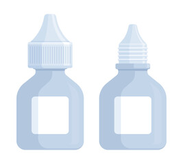 Set of closed and open white medicine dropper bottles. Health, eye drops, ear drops, and medical product mockup concept. Flat vector illustration isolated on white background with copy space