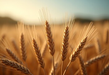 Wheat & Water Harmony: Photorealistic Ears of Wheat with Resinous Texture and Retro Style Backlighting Reflected on a Calm Lake Surface in Classic Fashion.

