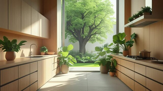 modern natural kitchen with open garden view and green plants. seamless looping 4k time-lapse virtual video animation background