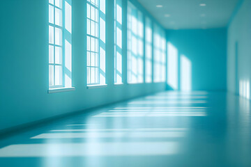 Serene blue corridor with sunlight streaming through large windows, creating a calming and peaceful atmosphere. Ideal for backgrounds, presentations, or wellness concepts.
