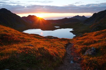 Mountain Sunrise Over Alpine Lake Trail