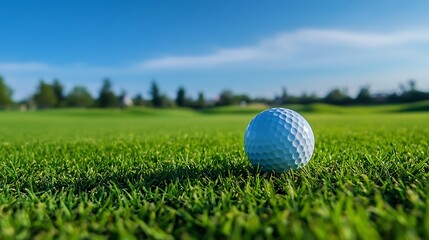 Fototapeta premium Golf Ball on Green Course Under Blue Sky Sports and Recreation