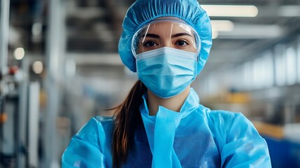 Healthcare Worker Wearing Protective Gear at Manufacturing Facility Confidently Staring