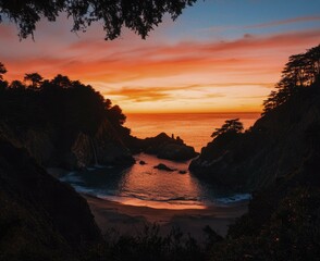 Coastal Sunset Cove, California; Dramatic Colors; Silhouettes