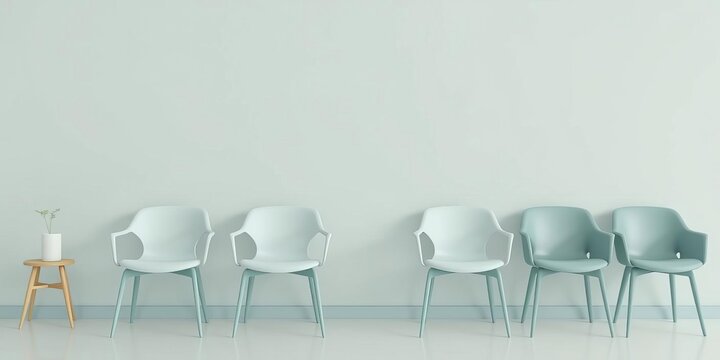 Pastel colored chairs in row against light teal background, minimalist scandinavian decor, stock photo, scandinavian, home decor