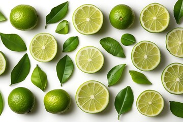Fototapeta premium Fresh lime slices and leaves on white background (2)