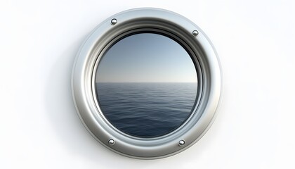 Porthole view of calm ocean waters and clear skies