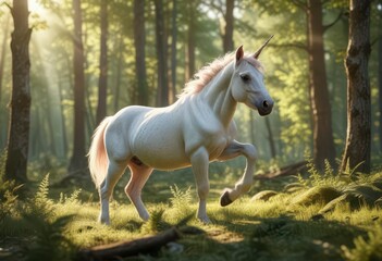 Playful unicorn foal frolicking in sunlit forest clearing,  wild,  young,  nature