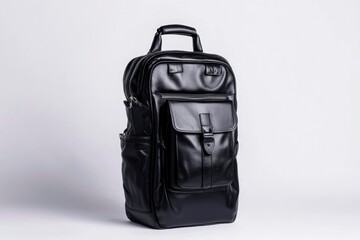 Naklejka premium Black leather backpack on white background for travel, school, or business use