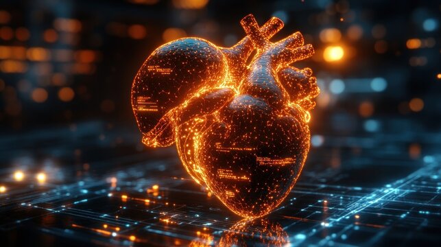 Glowing digital heart, circuit board, tech background, healthcare
