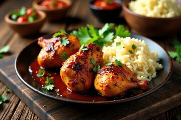 Fototapeta premium Tandoori chicken served on a rustic wooden table with a side of basmati rice, culinary art, flat white