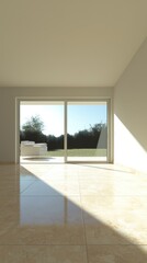 Fototapeta premium A minimalist interior space with large glass doors leading to an outdoor area.