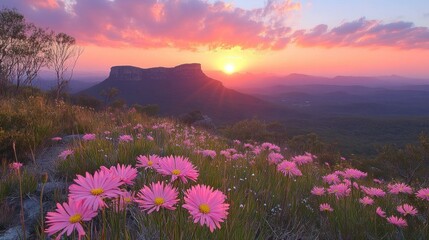 Obraz premium Majestic sunset over mountaintop wildflowers.
