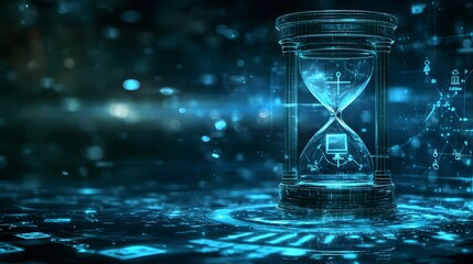 hourglass with law symbols inside, symbolizing the slow process of justice.