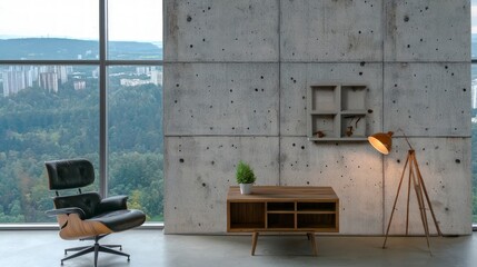 Fototapeta premium Modern Loft Apartment Panoramic View Concrete Wall Chic Interior Design